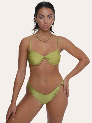 Amour recycled bikini Bottoms in Pistachio green sustainable swimwear luxury miami brand oumaima swim, seen on model