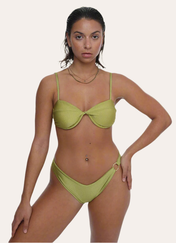 Amour recycled bikini Bottoms in Pistachio green sustainable swimwear luxury miami brand oumaima swim, seen on model