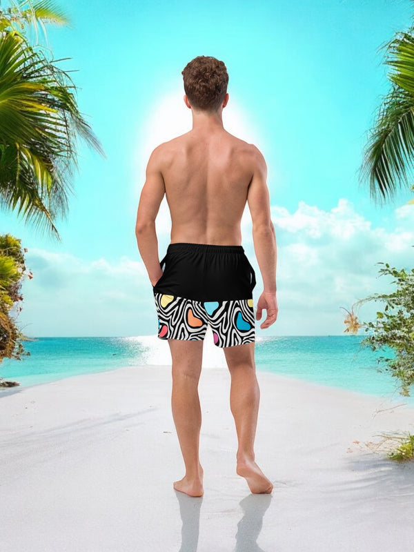 Aurora daze mens swimshorts swimtrunks for men oumaima swim recycled mens boardshorts abract colorful print digital print, seen on model from the back